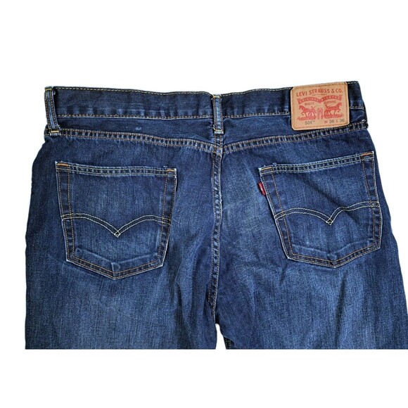 Levis 504 Jeans Men's 36x36 Dark Blue Wash Distressed Denim Pants Straight - Picture 7 of 11